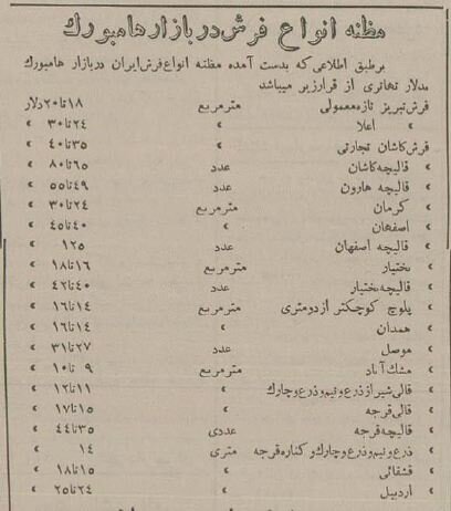 سال ۱۳۳۴/ قیمت انواع فرش ایرانی در بازار آلمان + عکس سال ۱۳۳۴/ قیمت انواع فرش ایرانی در بازار آلمان + عکس
